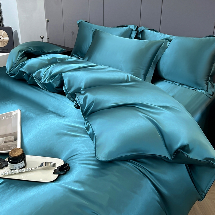 91家纺网 家纺一手货源 找家纺 合纵跨境工厂 新款水洗真丝纯色四件套跨境外贸JIT一件代发TEMU亚马逊希音包过核价冰丝床单款床笠款四件套 月光蓝