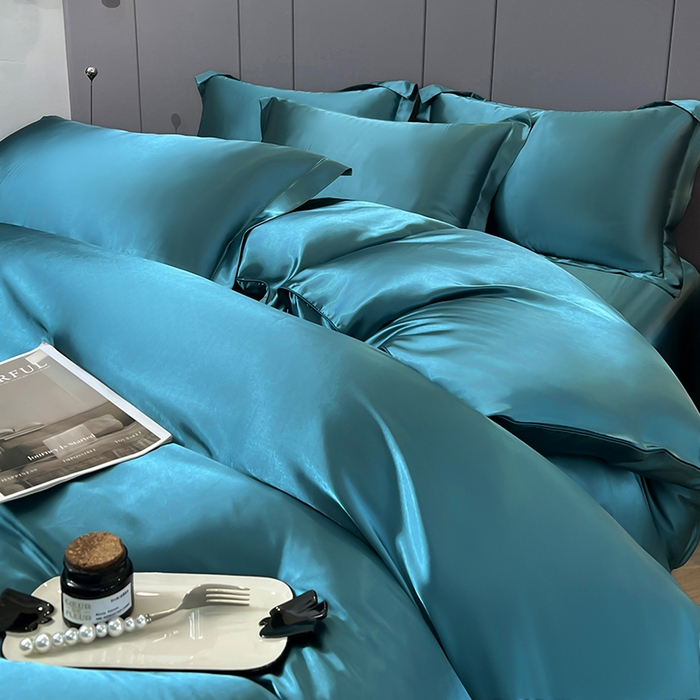 91家纺网 家纺一手货源 找家纺 合纵跨境工厂 新款水洗真丝纯色四件套跨境外贸JIT一件代发TEMU亚马逊希音包过核价冰丝床单款床笠款四件套 月光蓝