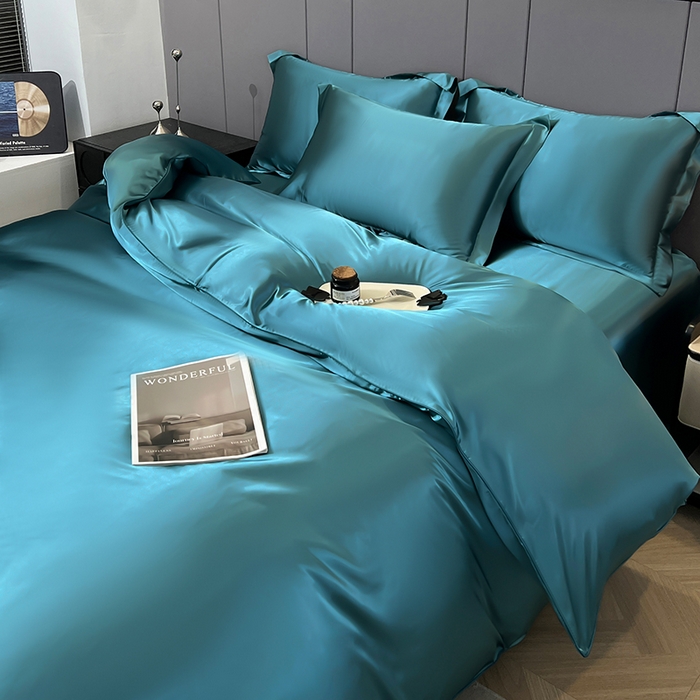 91家纺网 家纺一手货源 找家纺 合纵跨境工厂 新款水洗真丝纯色四件套跨境外贸JIT一件代发TEMU亚马逊希音包过核价冰丝床单款床笠款四件套 月光蓝