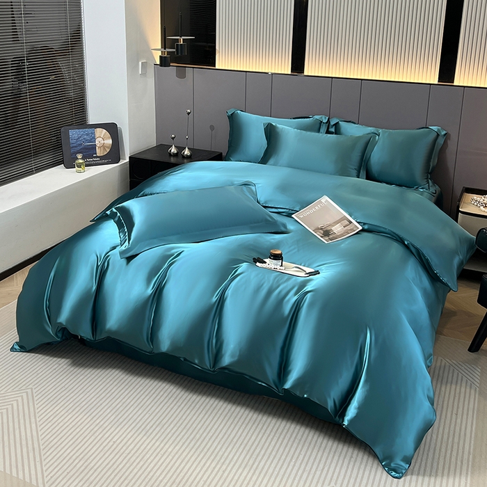 91家纺网 家纺一手货源 找家纺 合纵跨境工厂 新款水洗真丝纯色四件套跨境外贸JIT一件代发TEMU亚马逊希音包过核价冰丝床单款床笠款四件套 月光蓝