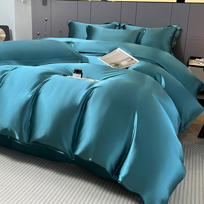 91家纺网 家纺一手货源 找家纺 合纵跨境工厂 新款水洗真丝纯色四件套跨境外贸JIT一件代发TEMU亚马逊希音包过核价冰丝床单款床笠款四件套 月光蓝
