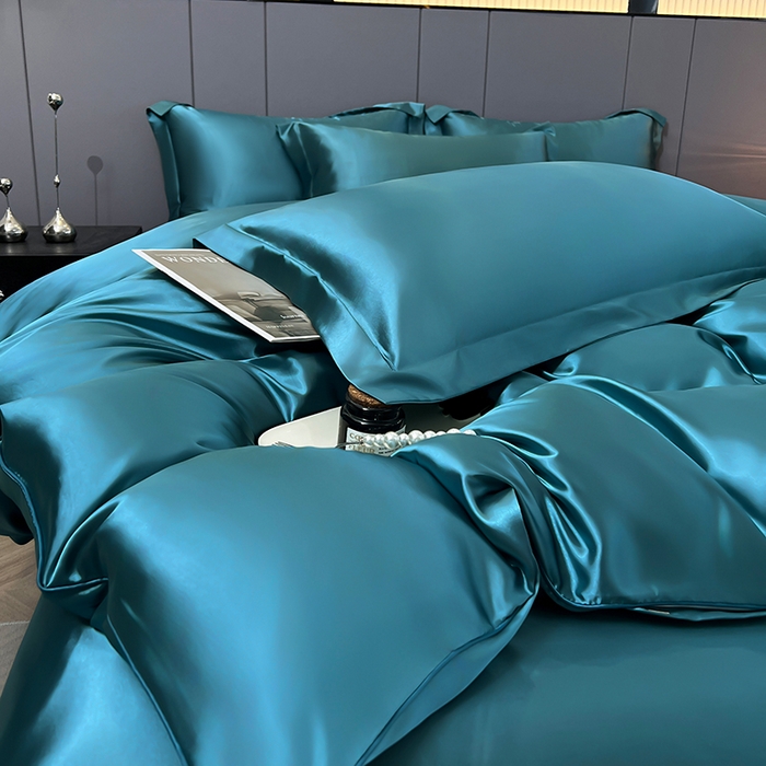 91家纺网 家纺一手货源 找家纺 合纵跨境工厂 新款水洗真丝纯色四件套跨境外贸JIT一件代发TEMU亚马逊希音包过核价冰丝床单款床笠款四件套 月光蓝