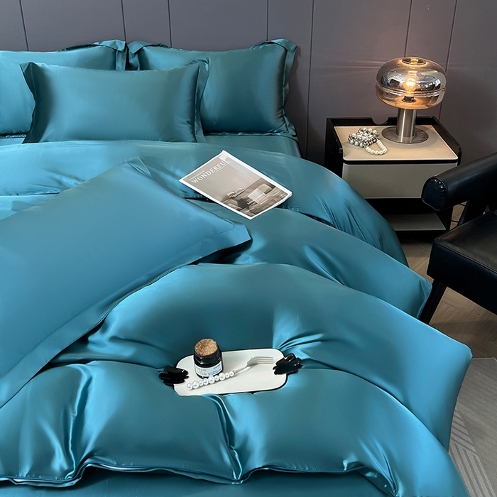 91家纺网 家纺一手货源 找家纺 合纵跨境工厂 新款水洗真丝纯色四件套跨境外贸JIT一件代发TEMU亚马逊希音包过核价冰丝床单款床笠款四件套 月光蓝