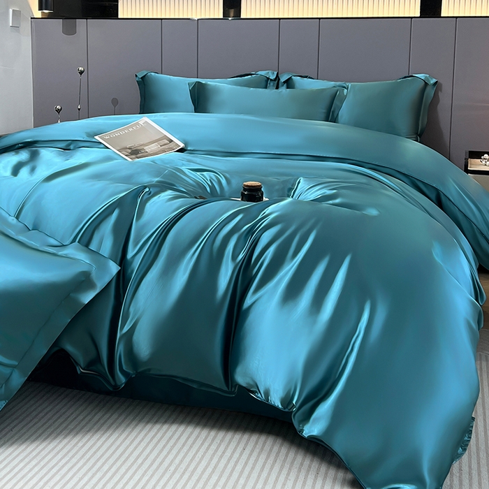 91家纺网 家纺一手货源 找家纺 合纵跨境工厂 新款水洗真丝纯色四件套跨境外贸JIT一件代发TEMU亚马逊希音包过核价冰丝床单款床笠款四件套 月光蓝