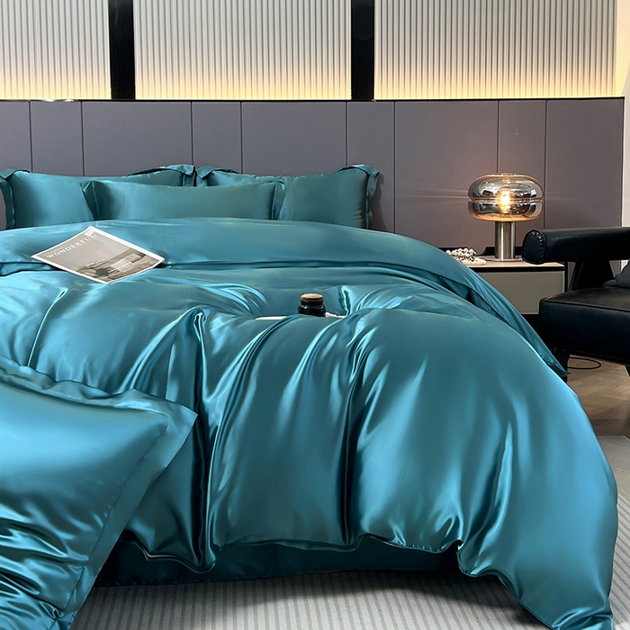 91家纺网 家纺一手货源 找家纺 合纵跨境工厂 新款水洗真丝纯色四件套跨境外贸JIT一件代发TEMU亚马逊希音包过核价冰丝床单款床笠款四件套 月光蓝