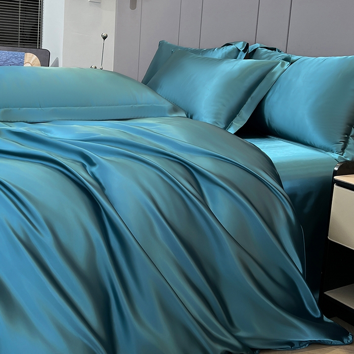91家纺网 家纺一手货源 找家纺 合纵跨境工厂 新款水洗真丝纯色四件套跨境外贸JIT一件代发TEMU亚马逊希音包过核价冰丝床单款床笠款四件套 月光蓝