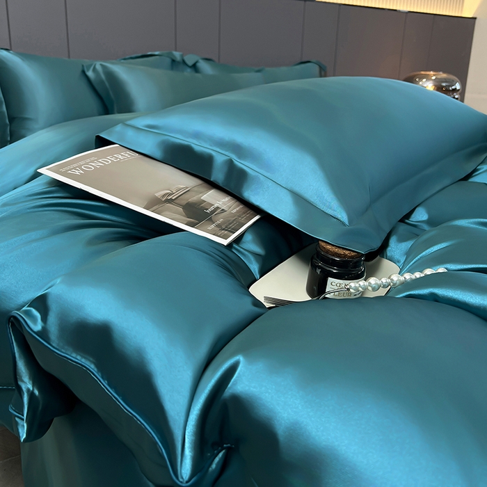 91家纺网 家纺一手货源 找家纺 合纵跨境工厂 新款水洗真丝纯色四件套跨境外贸JIT一件代发TEMU亚马逊希音包过核价冰丝床单款床笠款四件套 月光蓝