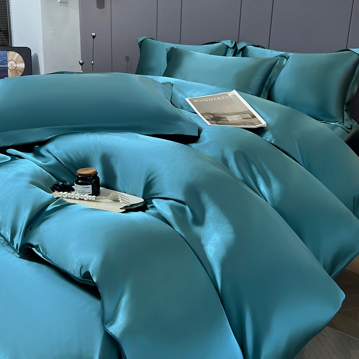 91家纺网 家纺一手货源 找家纺 合纵跨境工厂 新款水洗真丝纯色四件套跨境外贸JIT一件代发TEMU亚马逊希音包过核价冰丝床单款床笠款四件套 月光蓝