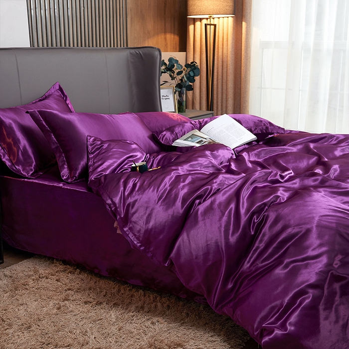 91家纺网 家纺一手货源 找家纺 合纵跨境工厂 新款水洗真丝纯色四件套跨境外贸JIT一件代发TEMU亚马逊希音包过核价冰丝床单款床笠款四件套 紫罗兰