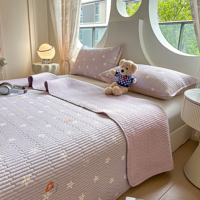 91家纺网 家纺一手货源 找家纺 恒尚居 2025新款莫代尔天丝夏季床盖印花夹棉床单三件套床褥垫-系列二 莫代尔-繁星紫