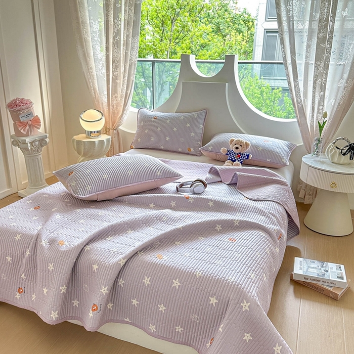 91家纺网 家纺一手货源 找家纺 恒尚居 2025新款莫代尔天丝夏季床盖印花夹棉床单三件套床褥垫-系列二 莫代尔-繁星紫