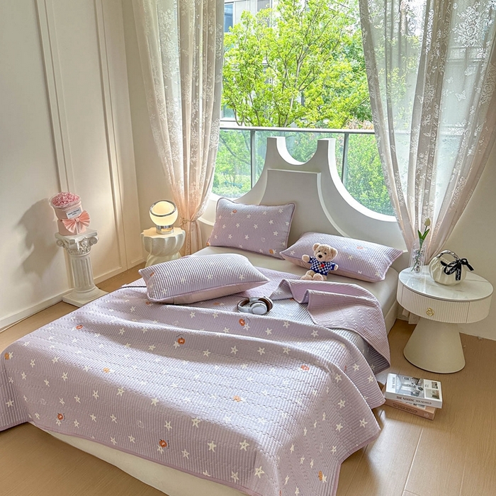 91家纺网 家纺一手货源 找家纺 恒尚居 2025新款莫代尔天丝夏季床盖印花夹棉床单三件套床褥垫-系列二 莫代尔-繁星紫