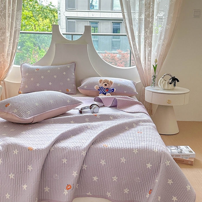 91家纺网 家纺一手货源 找家纺 恒尚居 2025新款莫代尔天丝夏季床盖印花夹棉床单三件套床褥垫-系列二 莫代尔-繁星紫