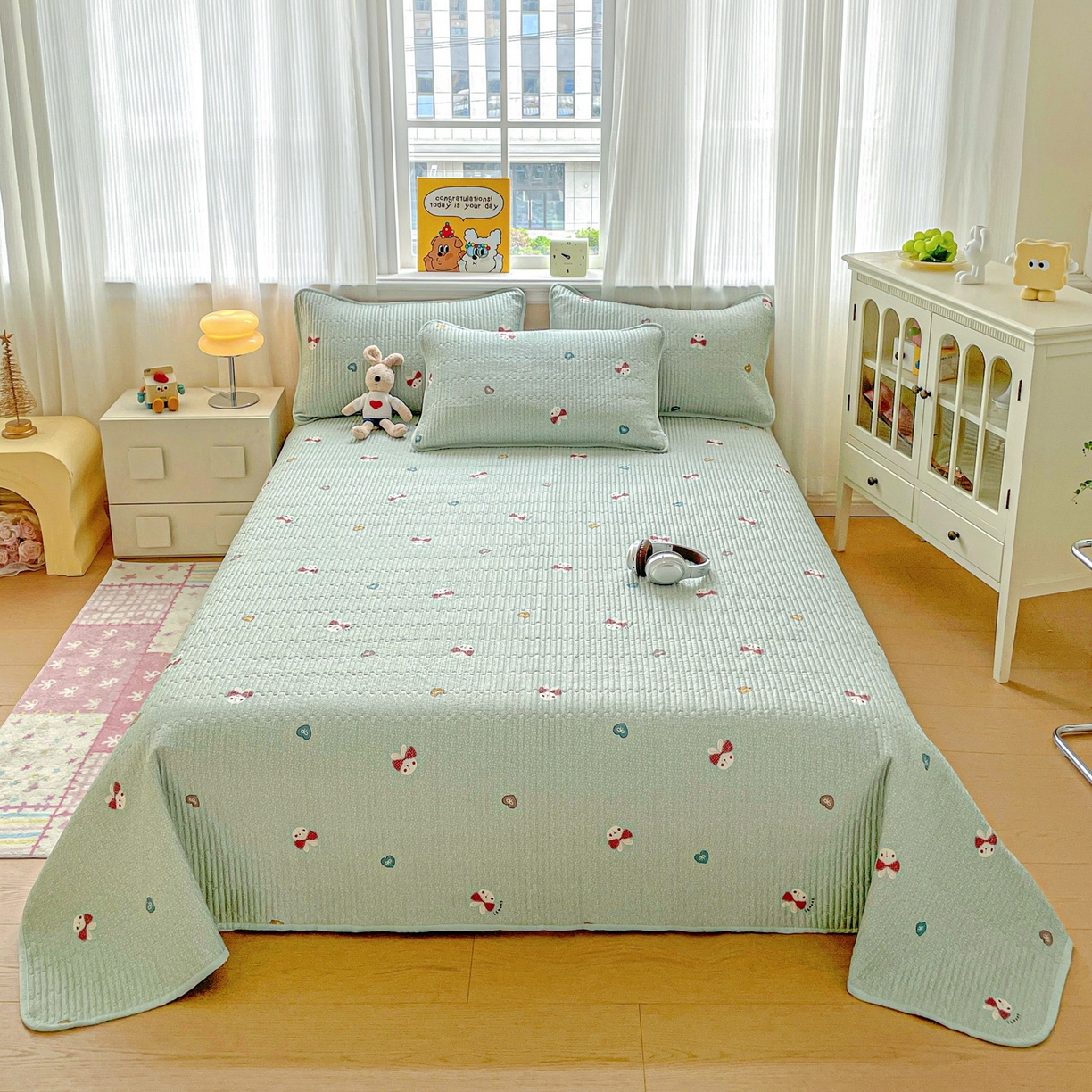 91家纺网 家纺一手货源 找家纺 恒尚居 2025新款莫代尔天丝夏季床盖印花夹棉床单三件套床褥垫-系列二 莫代尔-芬迪-绿