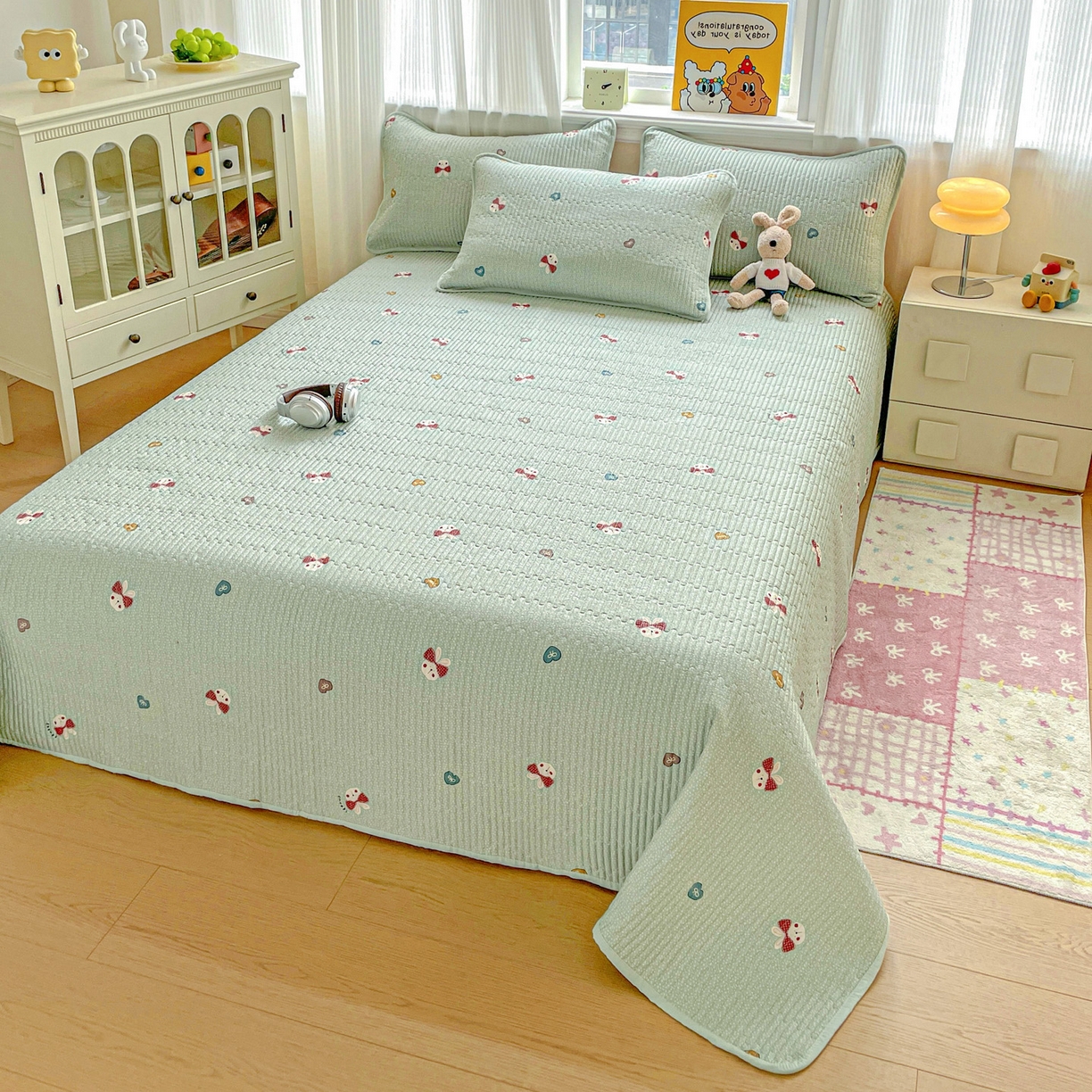 91家纺网 家纺一手货源 找家纺 恒尚居 2025新款莫代尔天丝夏季床盖印花夹棉床单三件套床褥垫-系列二 莫代尔-芬迪-绿