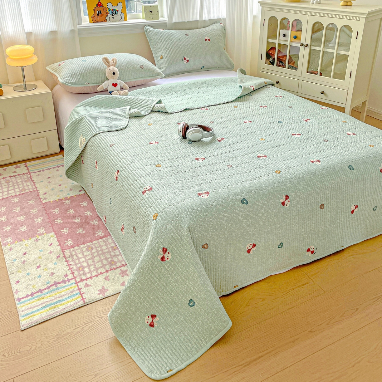 91家纺网 家纺一手货源 找家纺 恒尚居 2025新款莫代尔天丝夏季床盖印花夹棉床单三件套床褥垫-系列二 莫代尔-芬迪-绿