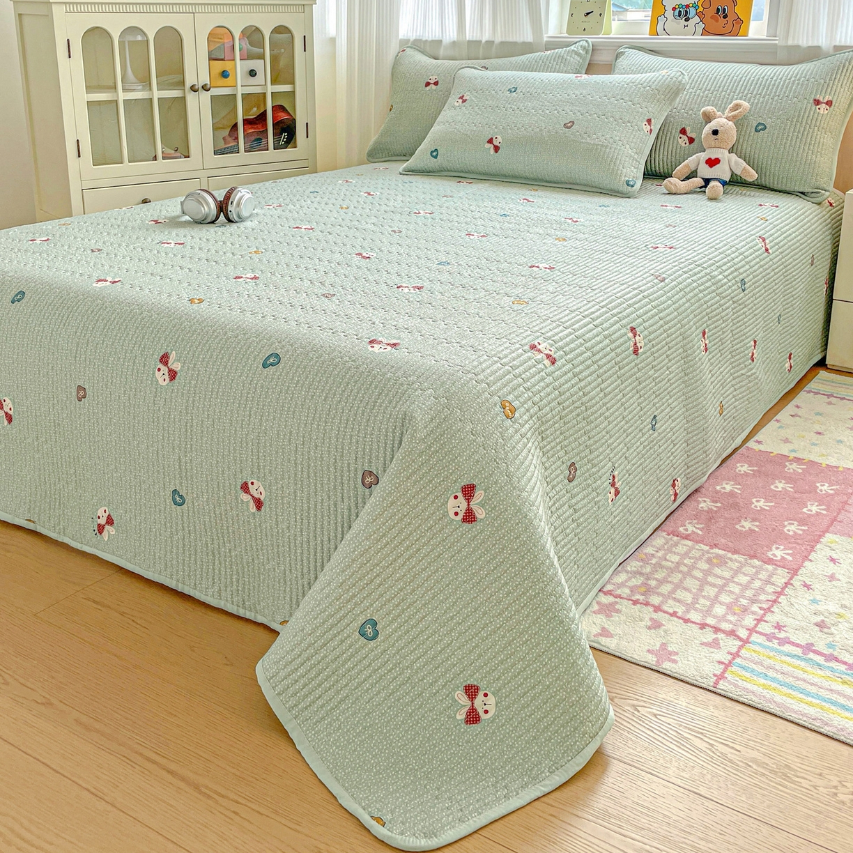 91家纺网 家纺一手货源 找家纺 恒尚居 2025新款莫代尔天丝夏季床盖印花夹棉床单三件套床褥垫-系列二 莫代尔-芬迪-绿