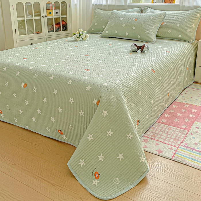 91家纺网 家纺一手货源 找家纺 恒尚居 2025新款莫代尔天丝夏季床盖印花夹棉床单三件套床褥垫-系列二 莫代尔-欧文-绿