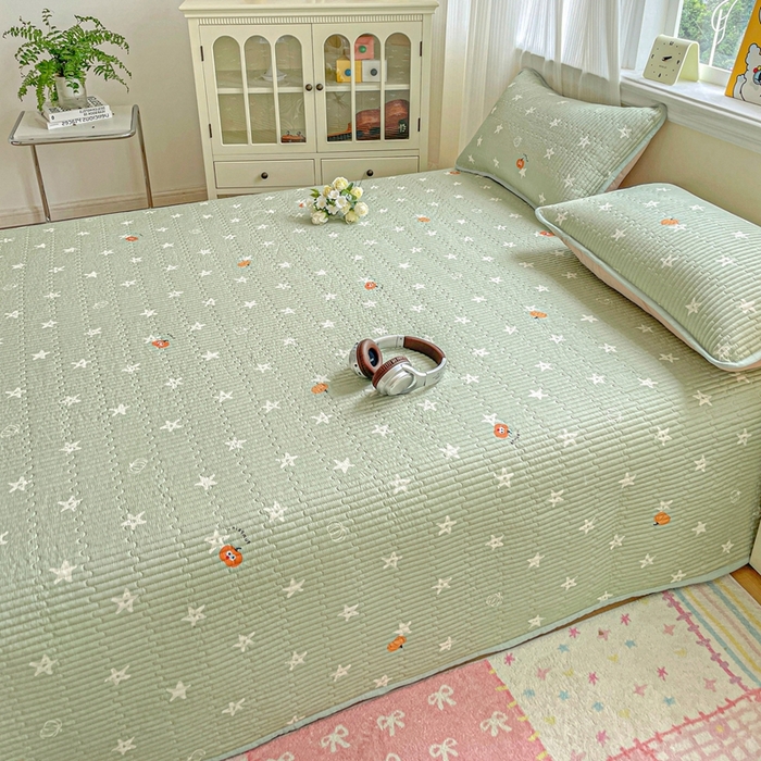 91家纺网 家纺一手货源 找家纺 恒尚居 2025新款莫代尔天丝夏季床盖印花夹棉床单三件套床褥垫-系列二 莫代尔-欧文-绿