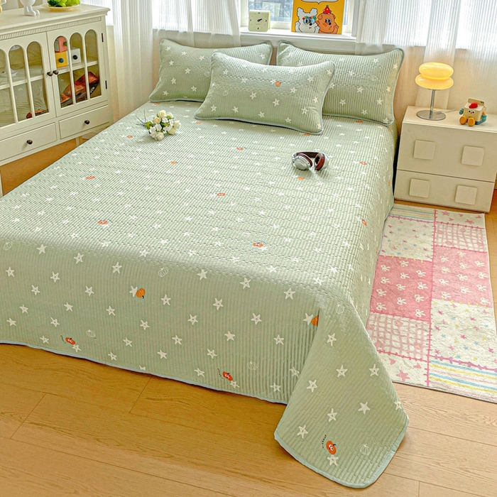 91家纺网 家纺一手货源 找家纺 恒尚居 2025新款莫代尔天丝夏季床盖印花夹棉床单三件套床褥垫-系列二 莫代尔-欧文-绿