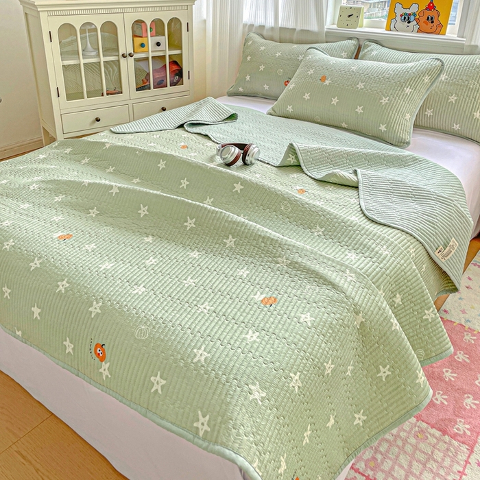 91家纺网 家纺一手货源 找家纺 恒尚居 2025新款莫代尔天丝夏季床盖印花夹棉床单三件套床褥垫-系列二 莫代尔-欧文-绿