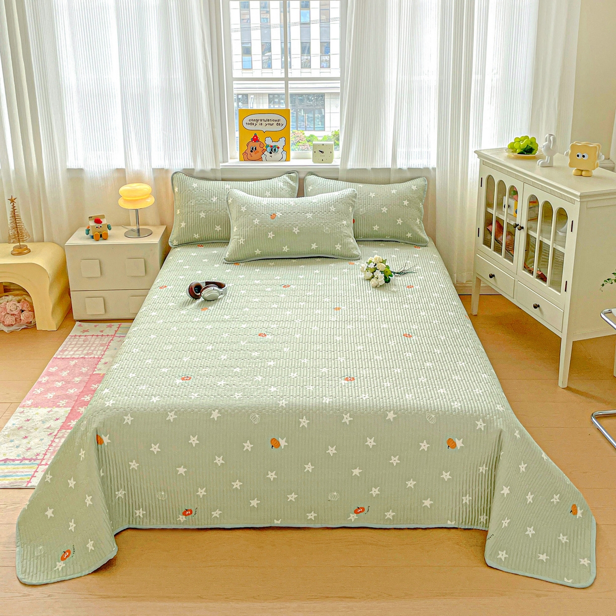 91家纺网 家纺一手货源 找家纺 恒尚居 2025新款莫代尔天丝夏季床盖印花夹棉床单三件套床褥垫-系列二 莫代尔-欧文-绿