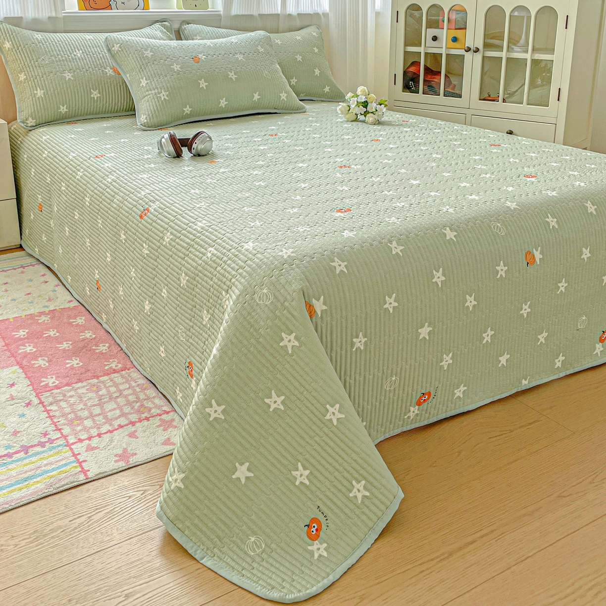 91家纺网 家纺一手货源 找家纺 恒尚居 2025新款莫代尔天丝夏季床盖印花夹棉床单三件套床褥垫-系列二 莫代尔-欧文-绿