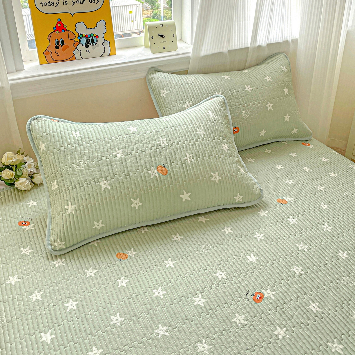 91家纺网 家纺一手货源 找家纺 恒尚居 2025新款莫代尔天丝夏季床盖印花夹棉床单三件套床褥垫-系列二 莫代尔-欧文-绿