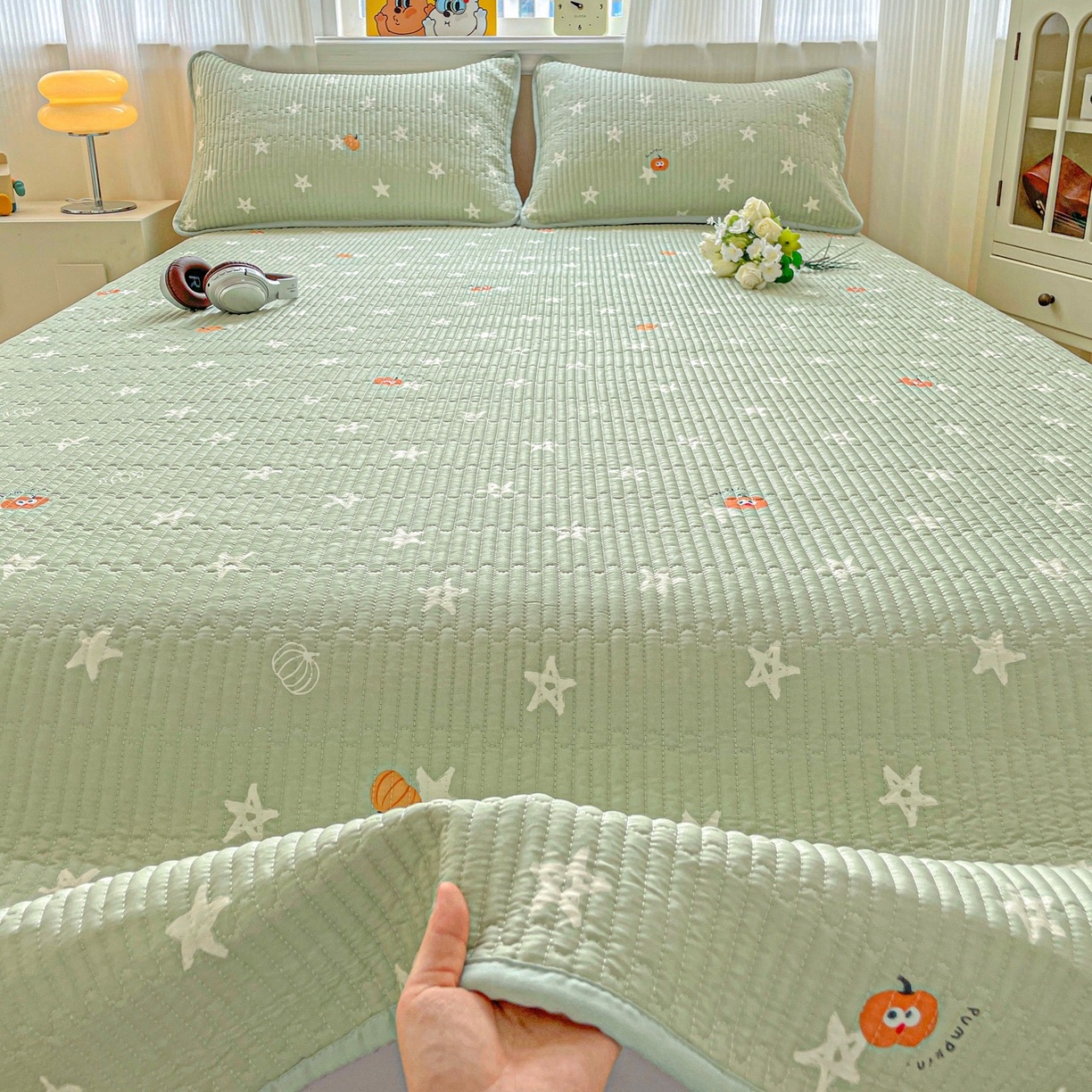 91家纺网 家纺一手货源 找家纺 恒尚居 2025新款莫代尔天丝夏季床盖印花夹棉床单三件套床褥垫-系列二 莫代尔-欧文-绿