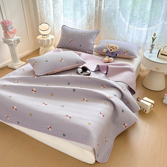 91家纺网 家纺一手货源 找家纺 恒尚居 2025新款莫代尔天丝夏季床盖印花夹棉床单三件套床褥垫-系列二 莫代尔-香芋紫兔