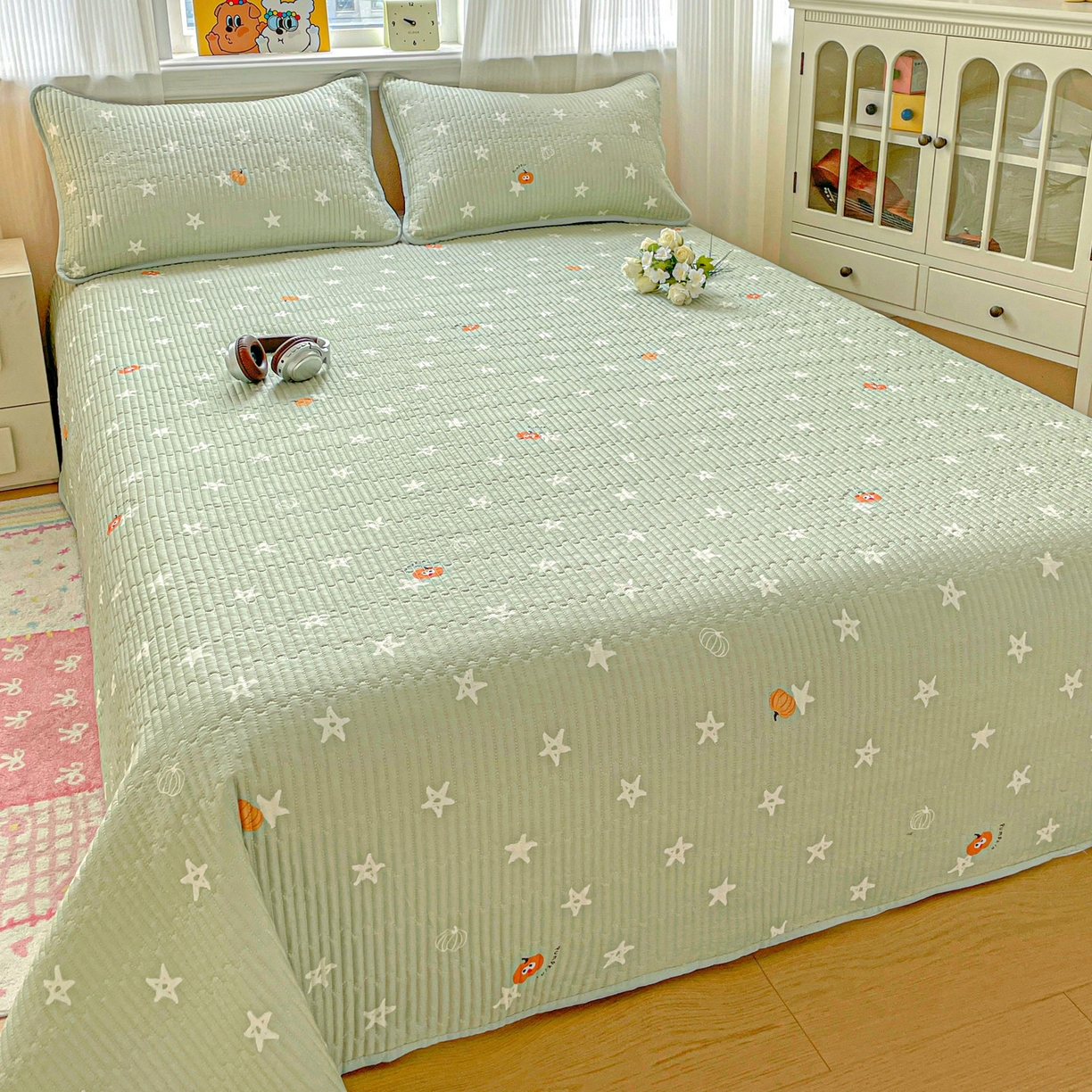 91家纺网 家纺一手货源 找家纺 恒尚居 2025新款莫代尔天丝夏季床盖印花夹棉床单三件套床褥垫-系列二 莫代尔-欧文-绿