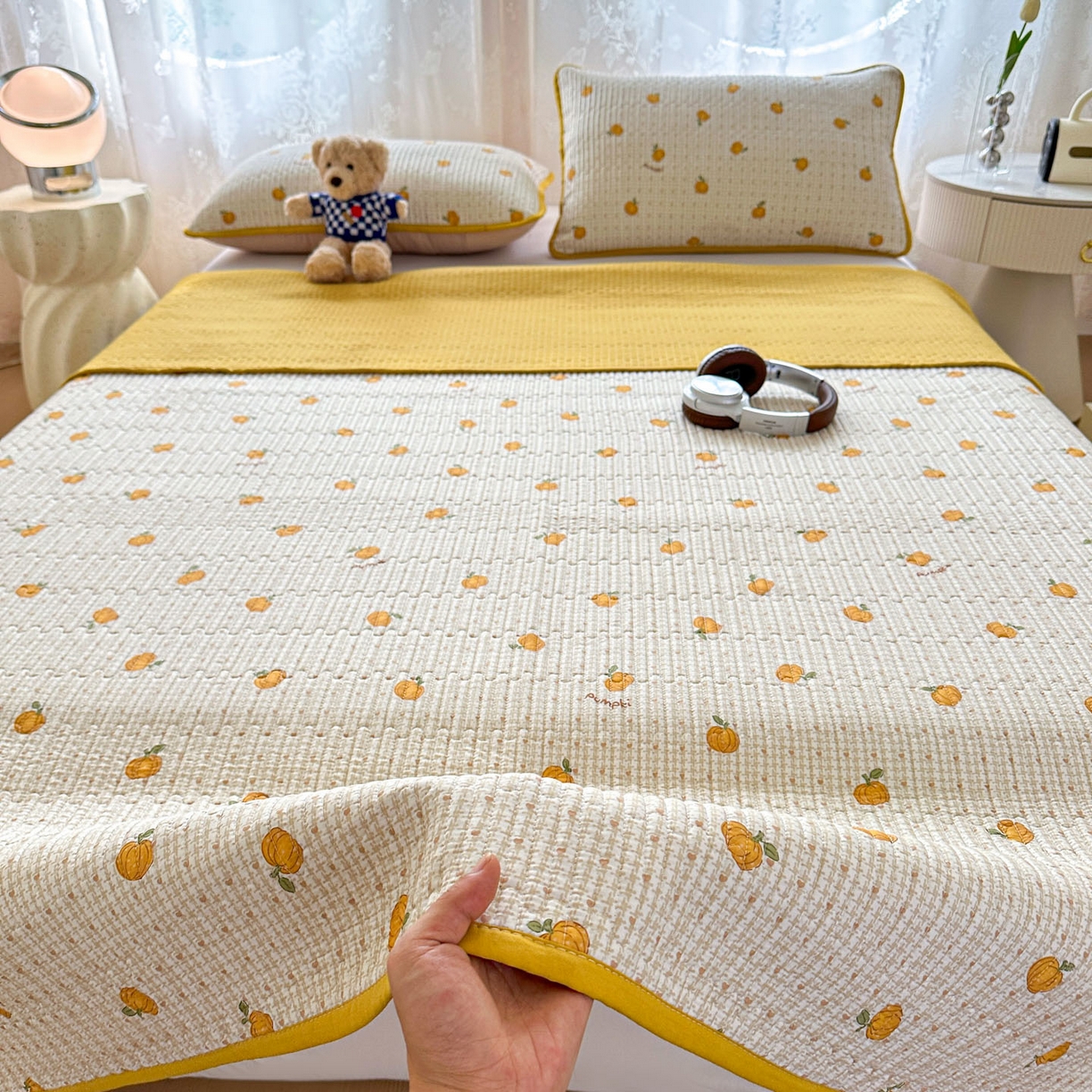 91家纺网 家纺一手货源 找家纺 恒尚居 2025新款莫代尔天丝夏季床盖印花夹棉床单三件套床褥垫-系列一 莫代尔-南瓜派