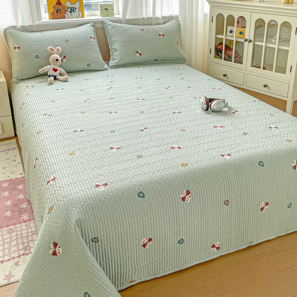 91家纺网 家纺一手货源 找家纺 恒尚居 2025新款莫代尔天丝夏季床盖印花夹棉床单三件套床褥垫-系列二 莫代尔-芬迪-绿