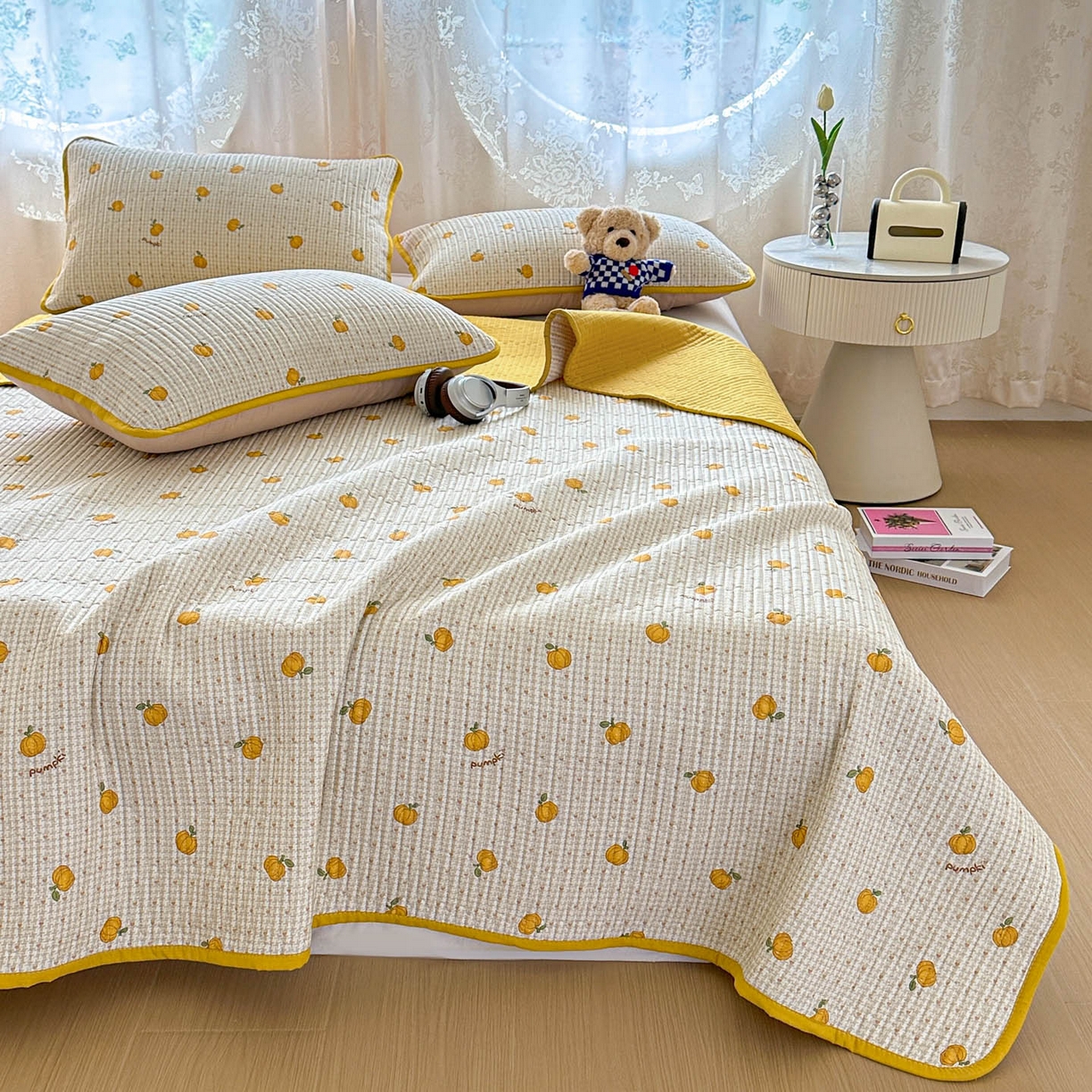 91家纺网 家纺一手货源 找家纺 恒尚居 2025新款莫代尔天丝夏季床盖印花夹棉床单三件套床褥垫-系列一 莫代尔-南瓜派