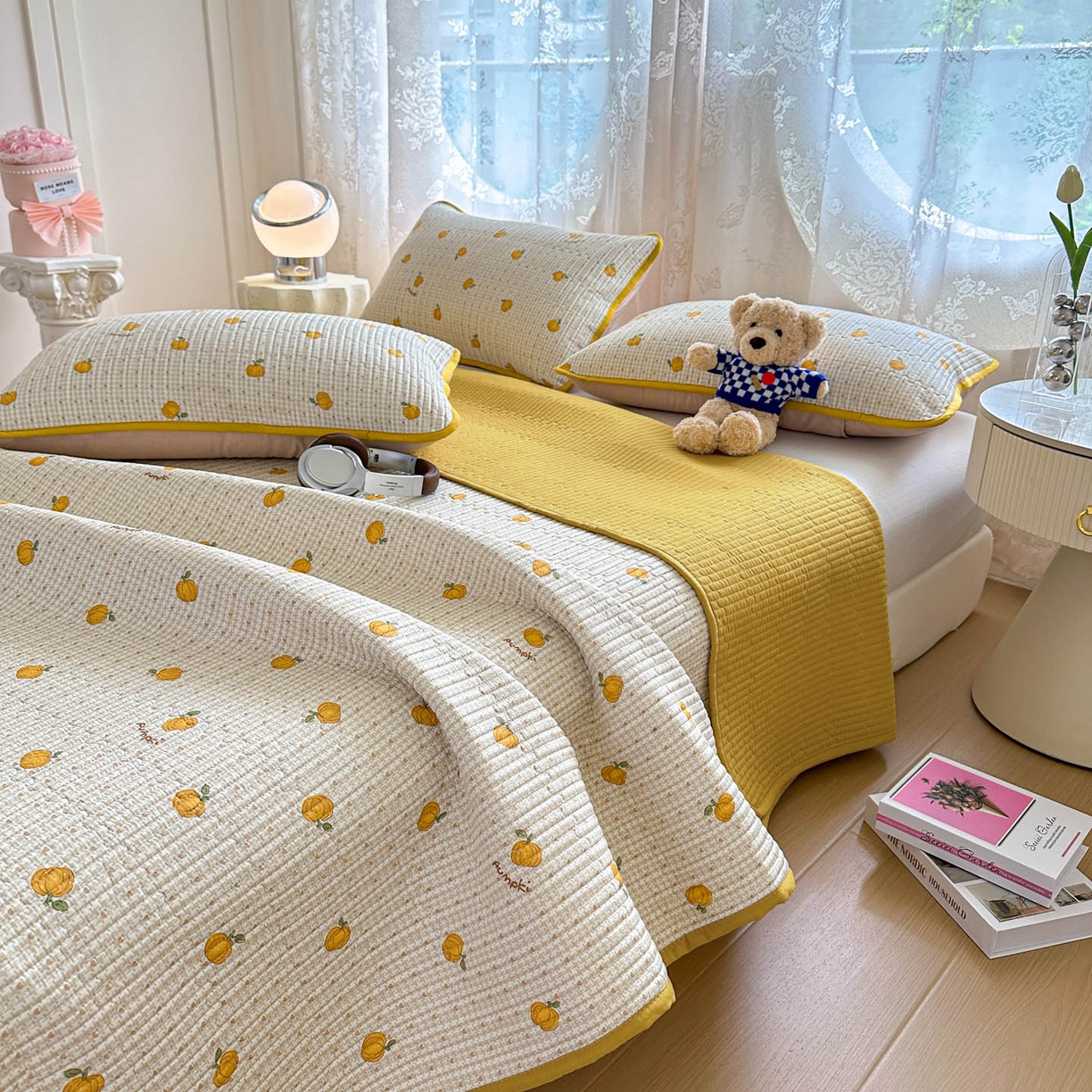 91家纺网 家纺一手货源 找家纺 恒尚居 2025新款莫代尔天丝夏季床盖印花夹棉床单三件套床褥垫-系列一 莫代尔-南瓜派