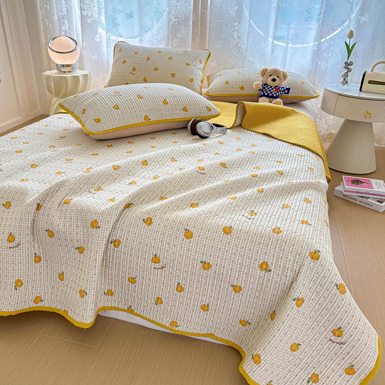 91家纺网 家纺一手货源 找家纺 恒尚居 2025新款莫代尔天丝夏季床盖印花夹棉床单三件套床褥垫-系列一 莫代尔-南瓜派