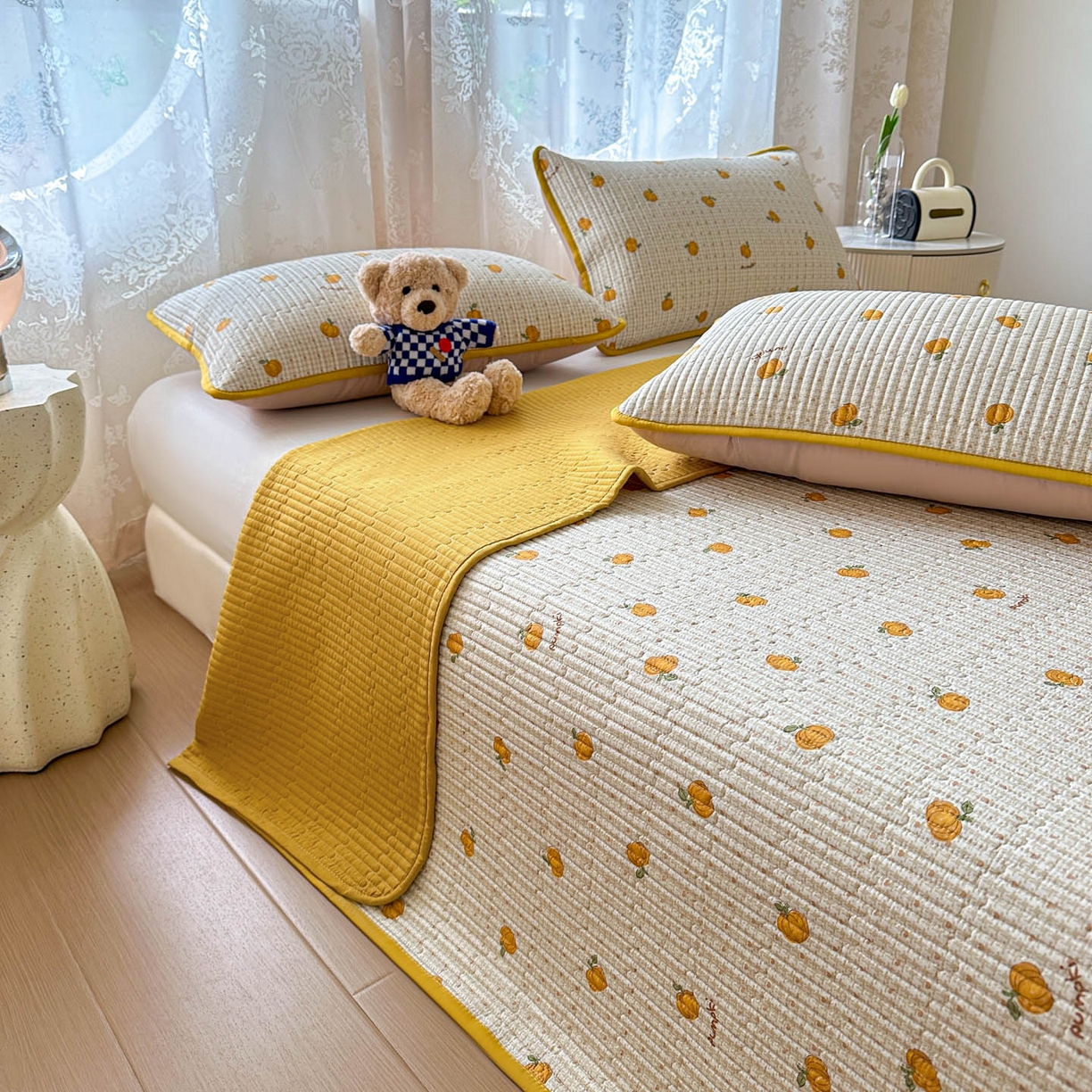 91家纺网 家纺一手货源 找家纺 恒尚居 2025新款莫代尔天丝夏季床盖印花夹棉床单三件套床褥垫-系列一 莫代尔-南瓜派