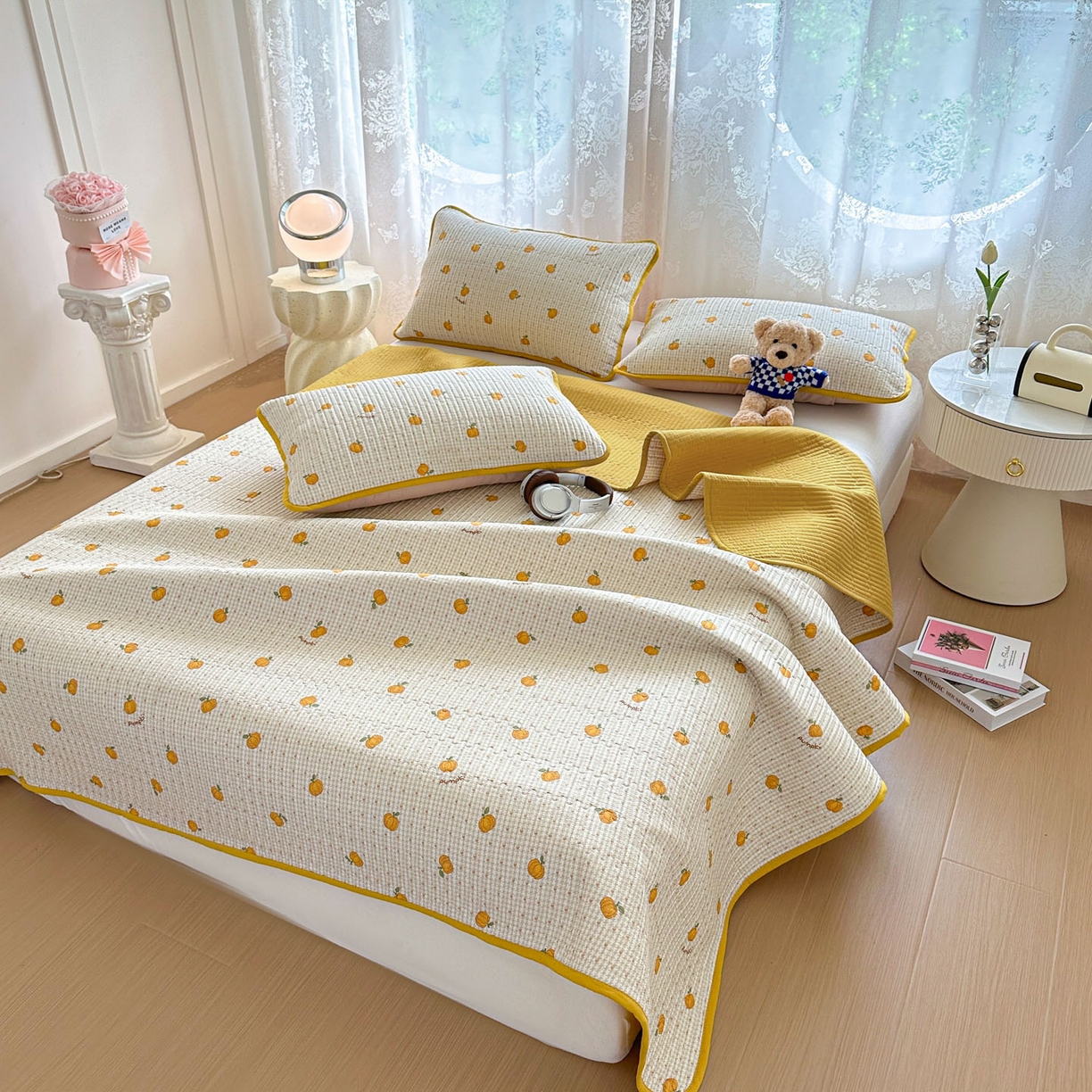 91家纺网 家纺一手货源 找家纺 恒尚居 2025新款莫代尔天丝夏季床盖印花夹棉床单三件套床褥垫-系列一 莫代尔-南瓜派