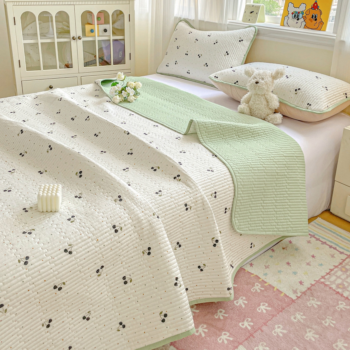 91家纺网 家纺一手货源 找家纺 恒尚居 2025新款莫代尔天丝夏季床盖印花夹棉床单三件套床褥垫-系列一 莫代尔-樱桃丸子