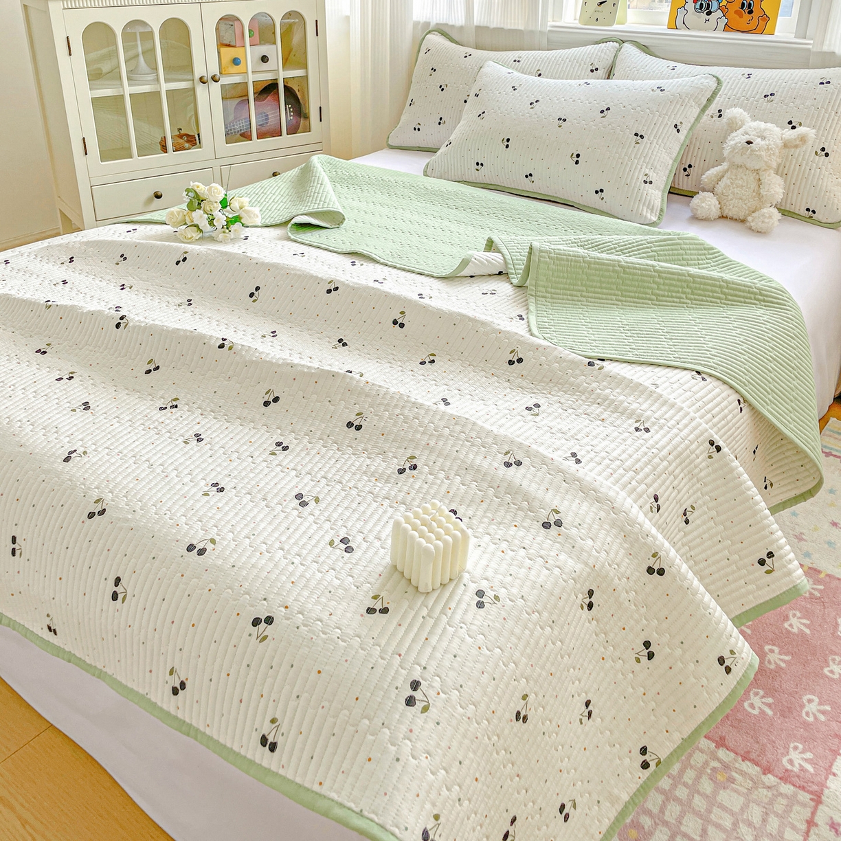 91家纺网 家纺一手货源 找家纺 恒尚居 2025新款莫代尔天丝夏季床盖印花夹棉床单三件套床褥垫-系列一 莫代尔-樱桃丸子