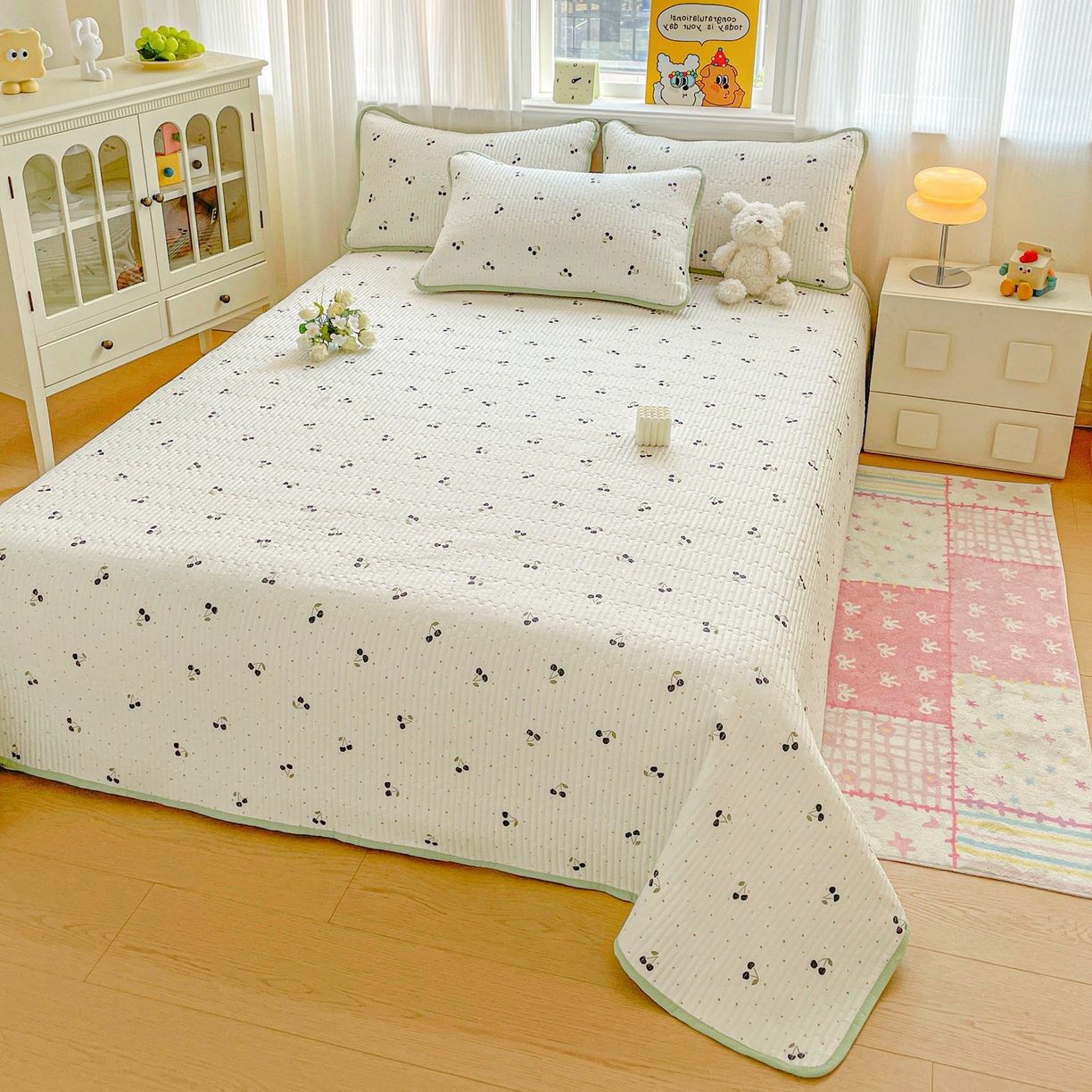 91家纺网 家纺一手货源 找家纺 恒尚居 2025新款莫代尔天丝夏季床盖印花夹棉床单三件套床褥垫-系列一 莫代尔-樱桃丸子