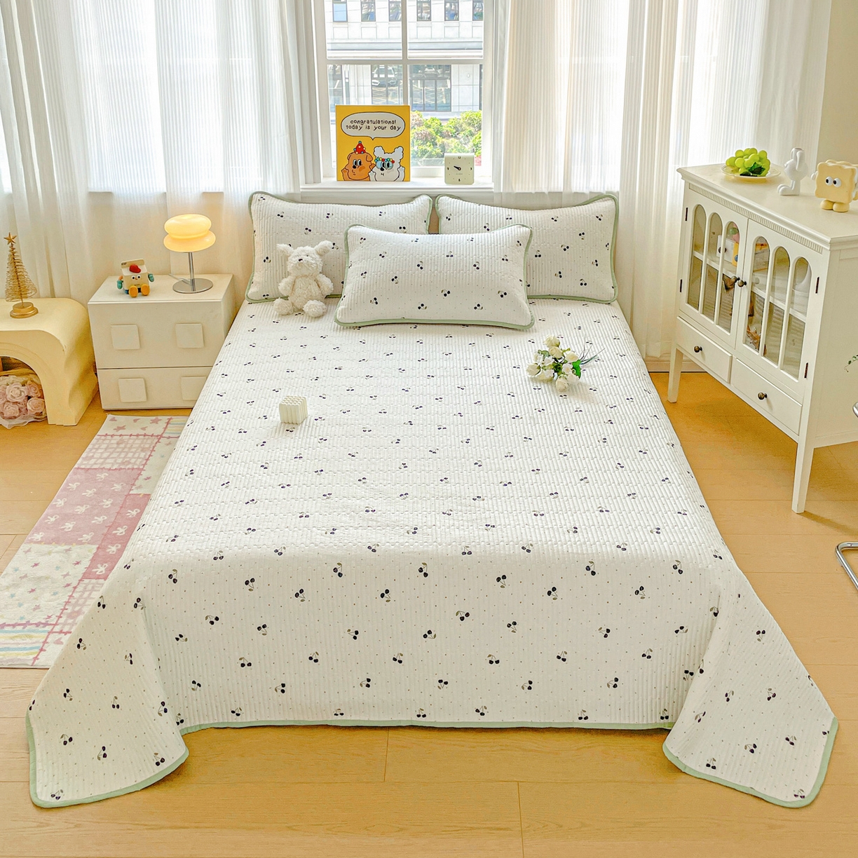 91家纺网 家纺一手货源 找家纺 恒尚居 2025新款莫代尔天丝夏季床盖印花夹棉床单三件套床褥垫-系列一 莫代尔-樱桃丸子