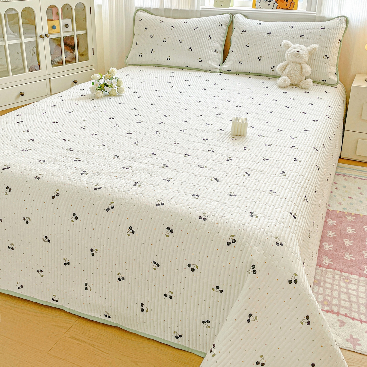 91家纺网 家纺一手货源 找家纺 恒尚居 2025新款莫代尔天丝夏季床盖印花夹棉床单三件套床褥垫-系列一 莫代尔-樱桃丸子