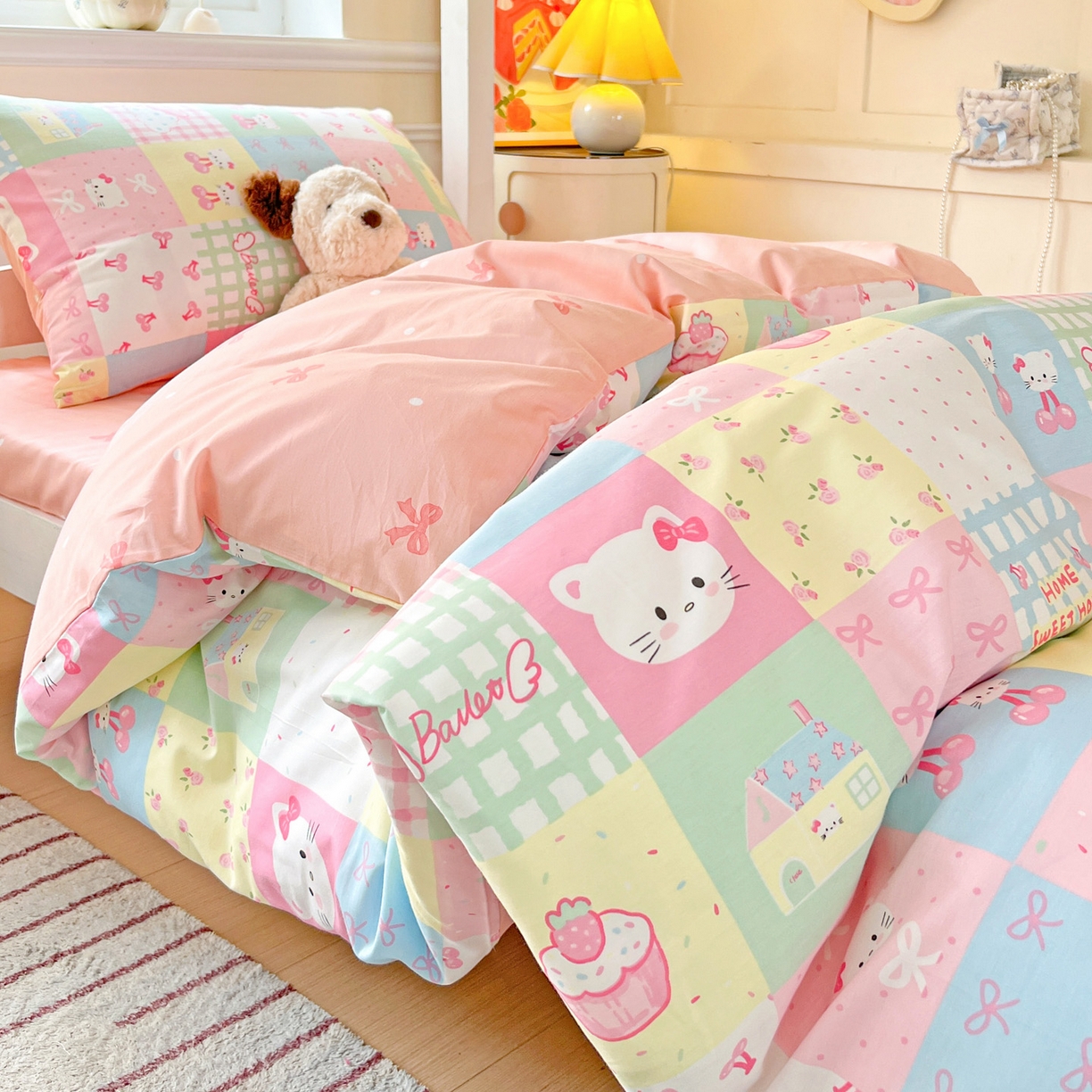 91家纺网 家纺一手货源 找家纺 西引力 2025新款全棉印花学生宿舍三件套四件套 可爱喵喵