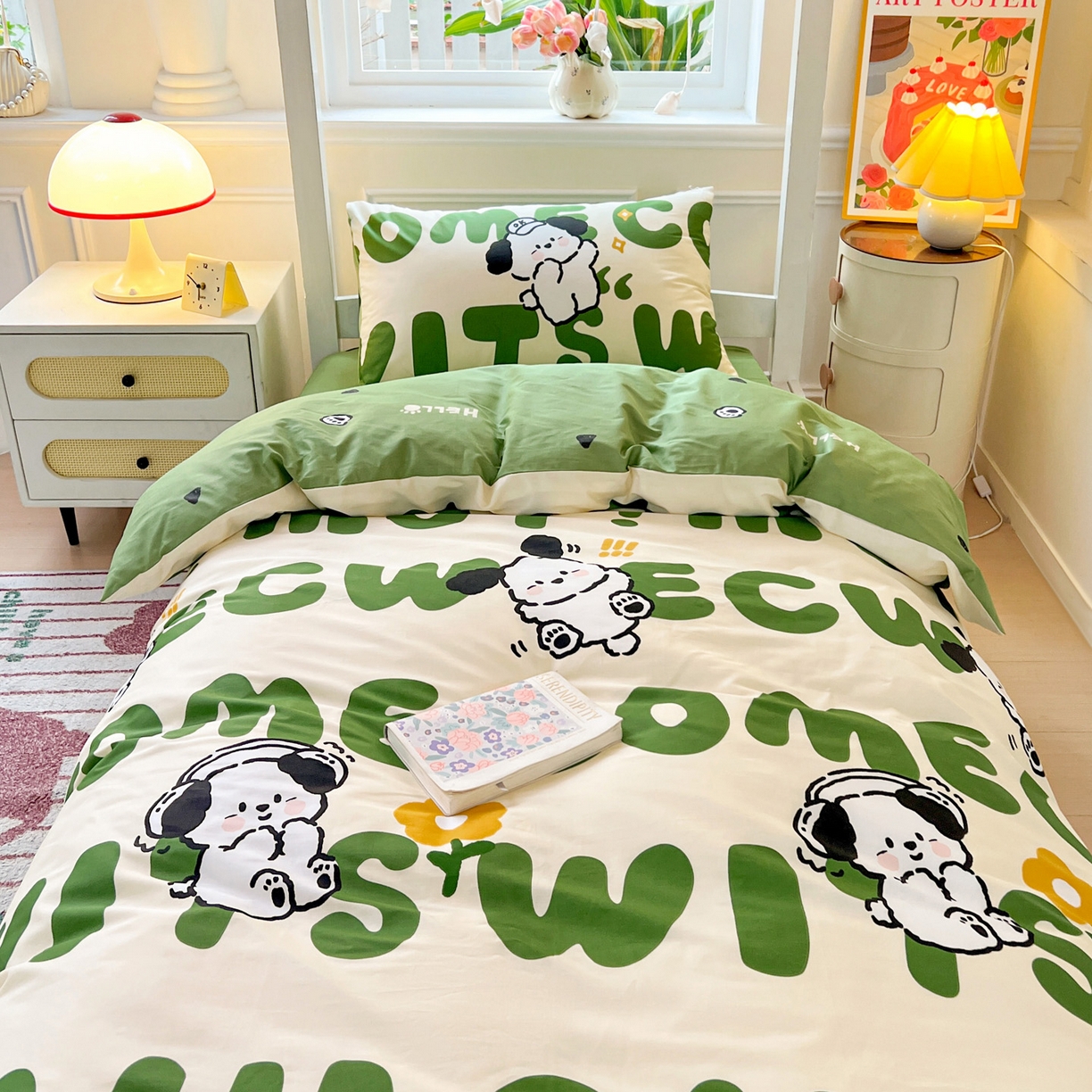 91家纺网 家纺一手货源 找家纺 西引力 2025新款全棉印花学生宿舍三件套四件套 皮皮狗