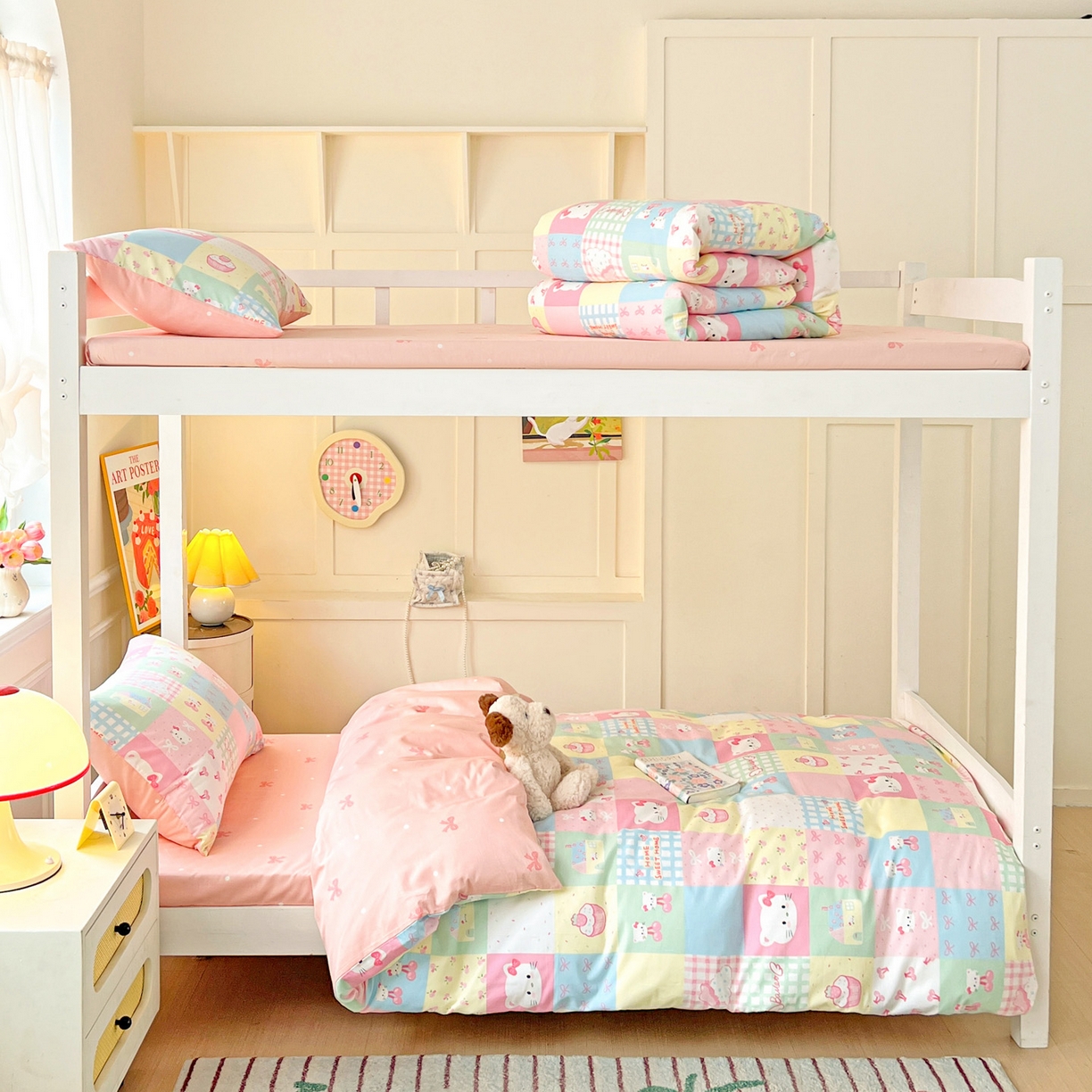 91家纺网 家纺一手货源 找家纺 西引力 2025新款全棉印花学生宿舍三件套四件套 可爱喵喵