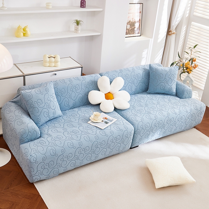 91家纺网 家纺一手货源 找家纺 丝绮鹿 2025新款雕花绒沙发套年华（直排松紧款） 淡蓝
