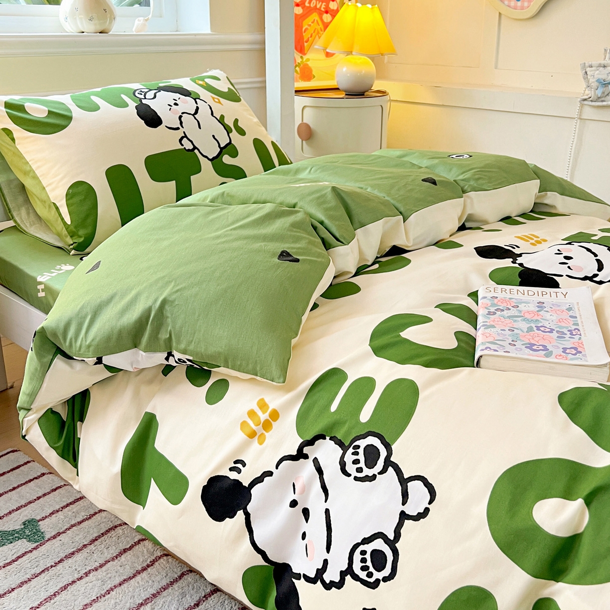 91家纺网 家纺一手货源 找家纺 西引力 2025新款全棉印花学生宿舍三件套四件套 皮皮狗