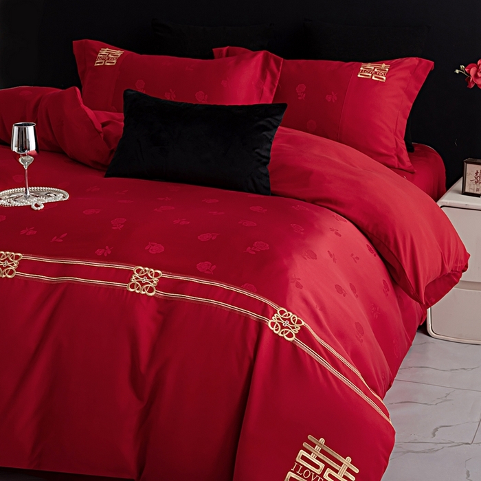 91家纺网 家纺一手货源 找家纺 卓缦家纺 2025新款提花刺绣婚庆四件套 热情玫瑰