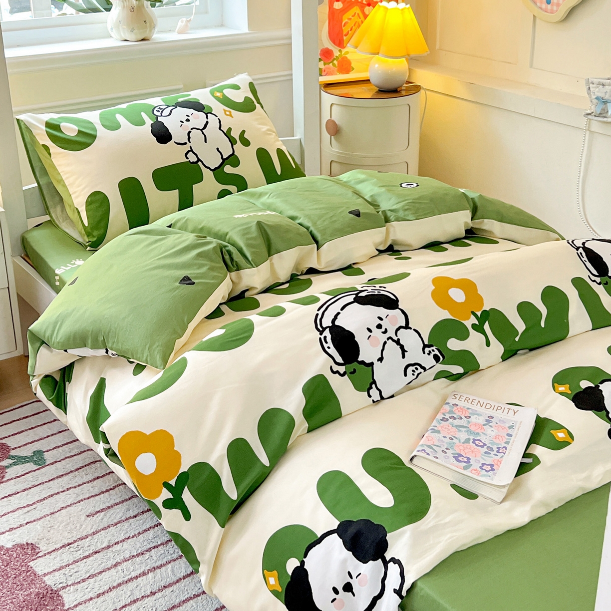 91家纺网 家纺一手货源 找家纺 西引力 2025新款全棉印花学生宿舍三件套四件套 皮皮狗